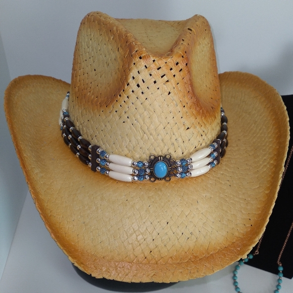 Tan Brown Turquoise Beaded Band Cowgirl Hat w/ Beaded Tassel Necklace Set - Picture 3 of 9